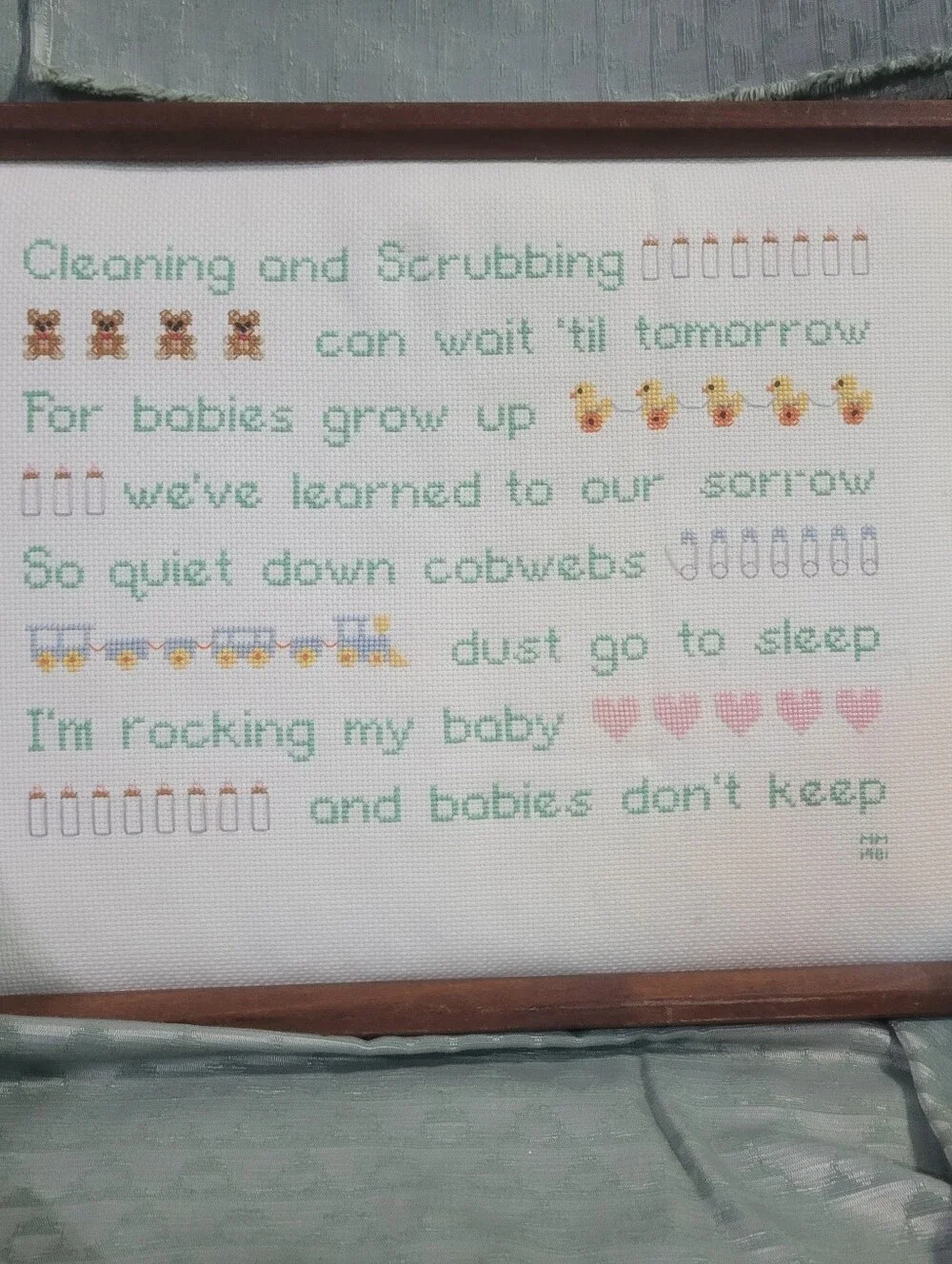 Vintage Framed Handmade Cross-Stitch Baby Lyrics Wall Art in Green and Pink